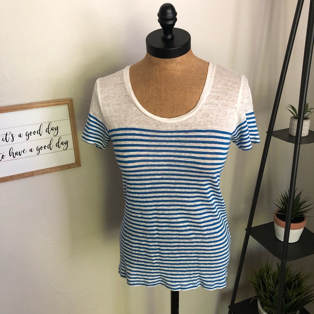 🍁J.Crew 100% linen engineer-stripe tee royal blue